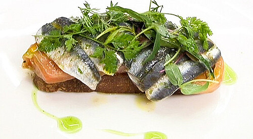 Sardinas marinadas, tomate y albahaca