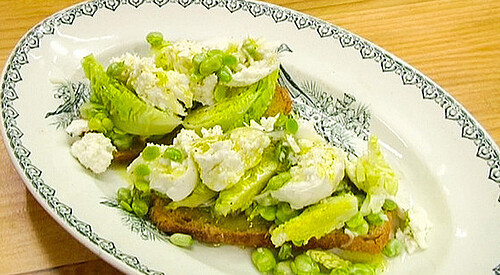 Tosta de habas crudas en ensalada