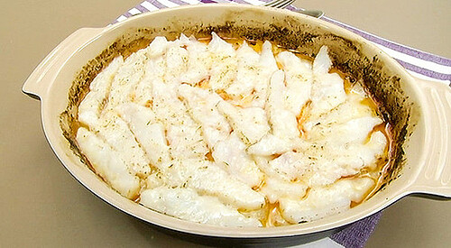 Gratín de cebolleta, chistorra y bacalao Giraldo