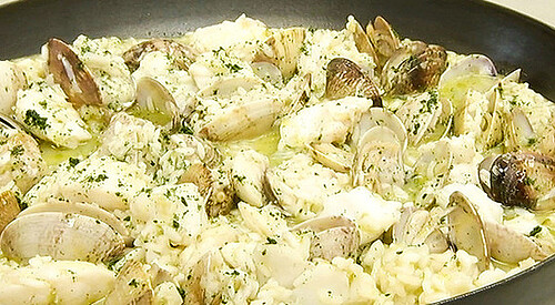 Arroz con almejas y carrilleras de merluza